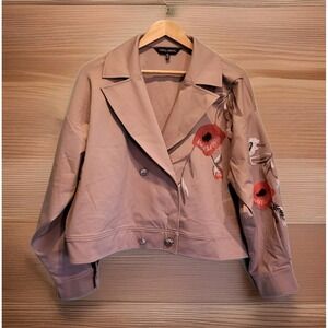 Ming Wang Tan Floral Embroidered Lightweight Button Up Boxy Short Jacket Sz XL